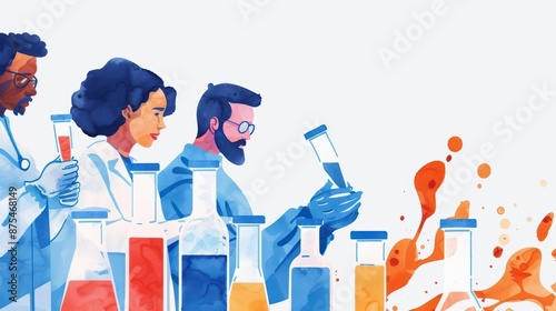 A watercolor illustration of clinical trials, showing diverse participants and researchers working together, isolate on white background with copy space photo