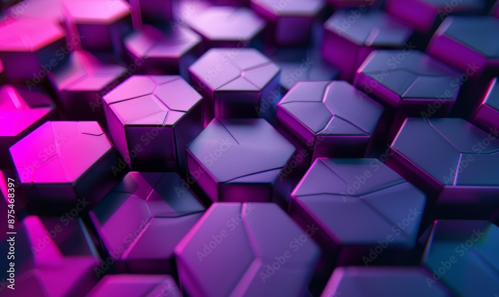 Three dimensional render of purple colored hexagons Three dimensional render of purple colored hexagons