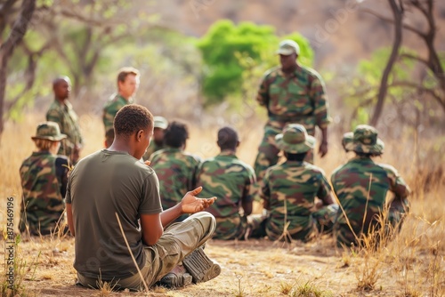 a group of african soldiers sitting in the grass, one of them is talking to the group