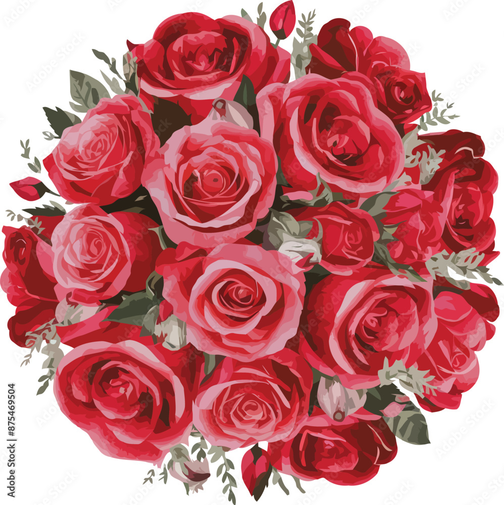 Obraz premium Beautiful bouquet with red roses and leaves, Water Color, Vector, Illustration