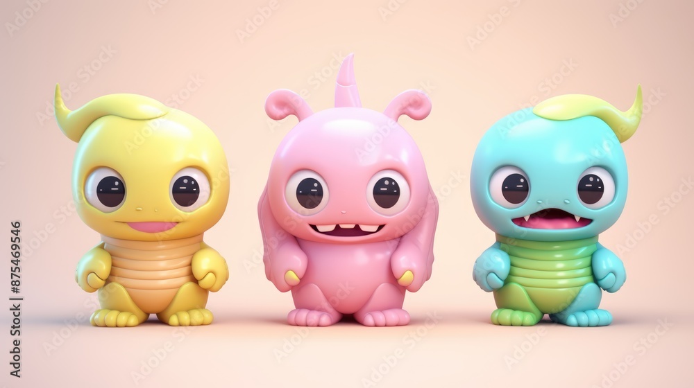 Obraz premium Three cute and colorful little monsters are standing side by side on a pink background.