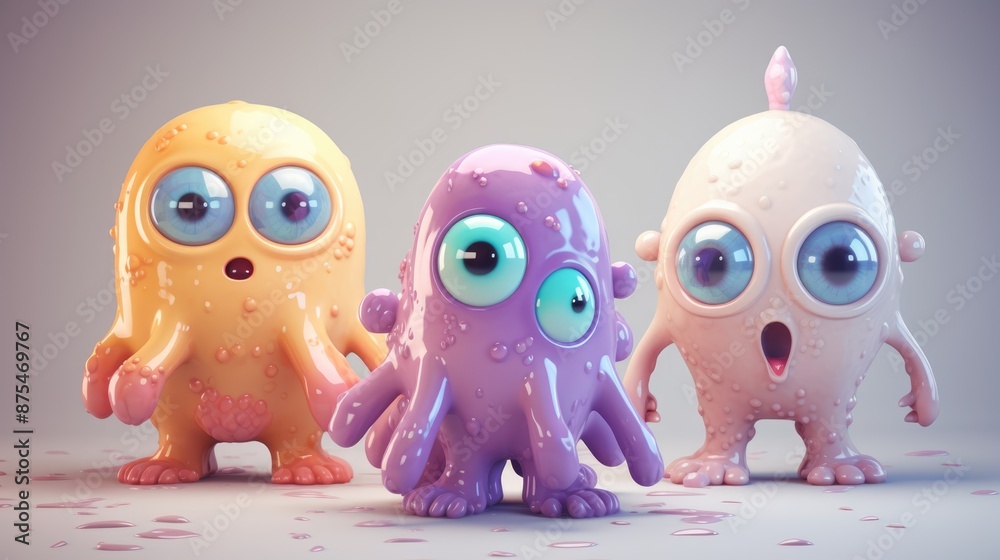 Obraz premium Three cute and colorful cartoon monsters with big eyes, perfect for kids storybooks