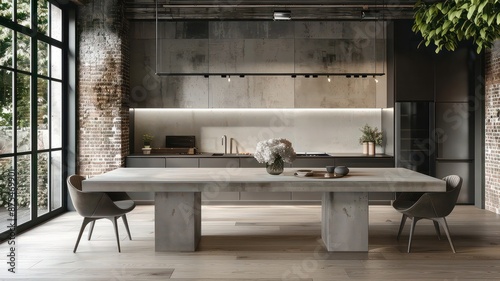 Concrete slab table with plush benches, modern industrial dining area, modern industrial dining © Dumrongkait