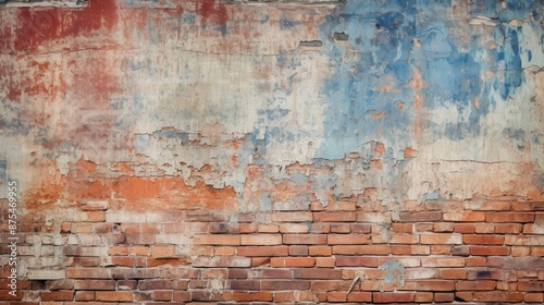 Peeling paint on an old brick wall, perfect for a background in a vintage-themed restaurant or cafe