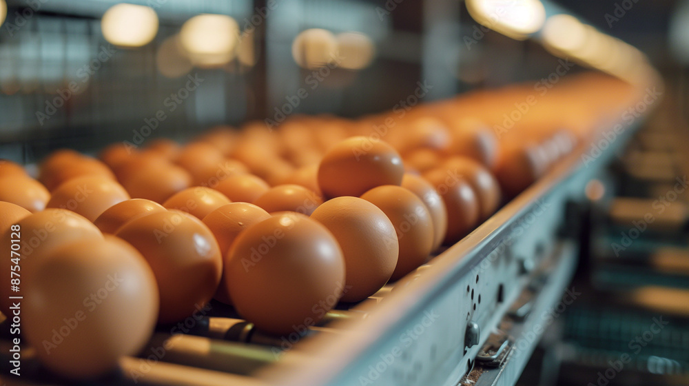 Eggs on a conveyor belt, in production,
poultry farming, chicken egg production Eggs on a conveyor belt, in production,
poultry farming, chicken egg production