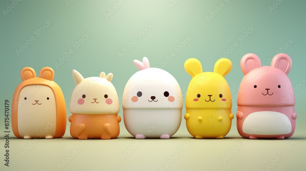 3D rendering of cute cartoon style animal characters isolated on pastel green background 3D rendering of cute cartoon style animal characters isolated on pastel green background