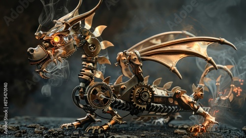 Steampunk Dragon Sculpture with Glowing Eye and Smoke