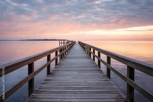 Vacant fishing pier at sunrise with calm waters and a serene setting, perfect for peaceful themes © Premreuthai