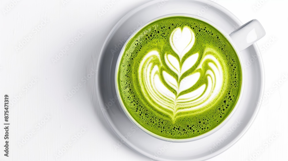 Artistic matcha green tea latte with detailed matcha powder art, isolated on white, abstract and vibrant, top view, focus cover all object, deep dept of field Artistic matcha green tea latte with detailed matcha powder art, isolated on white, abstract and vibrant, top view, focus cover all object, deep dept of field
