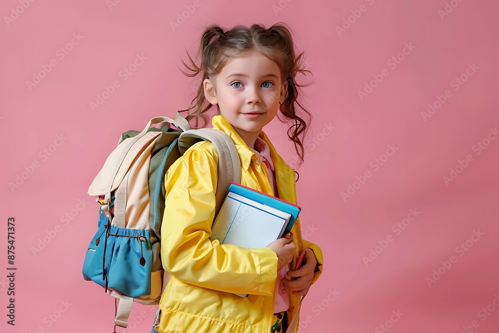Little girl in school uniform, backpack and books on pink backdrop, yellow jacket, pastel colors, studio shot, happy expression. Little girl in school uniform, backpack and books on pink backdrop, yellow jacket, pastel colors, studio shot, happy expression.