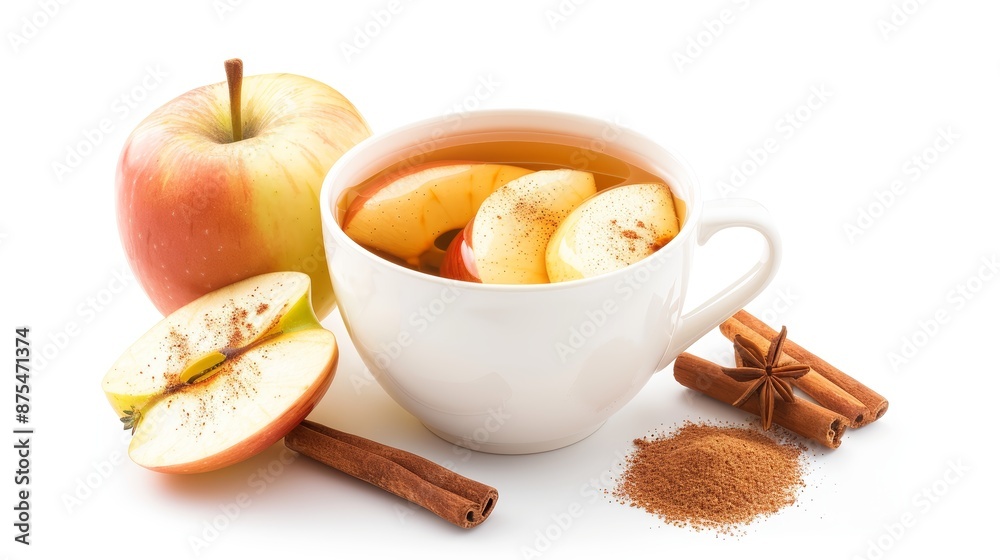 Artistic realism of iced apple cinnamon infusion in a cup, apple slices floating, ground cinnamon scattered Artistic realism of iced apple cinnamon infusion in a cup, apple slices floating, ground cinnamon scattered