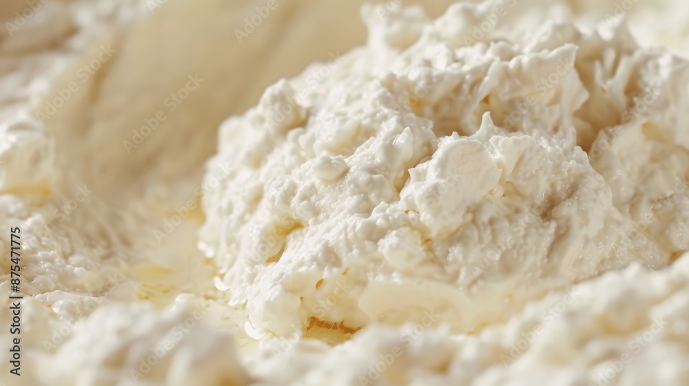 Cinematic close-up of artisan soft-ripened ricotta, showcasing the fine grain and soft, creamy consistency Cinematic close-up of artisan soft-ripened ricotta, showcasing the fine grain and soft, creamy consistency