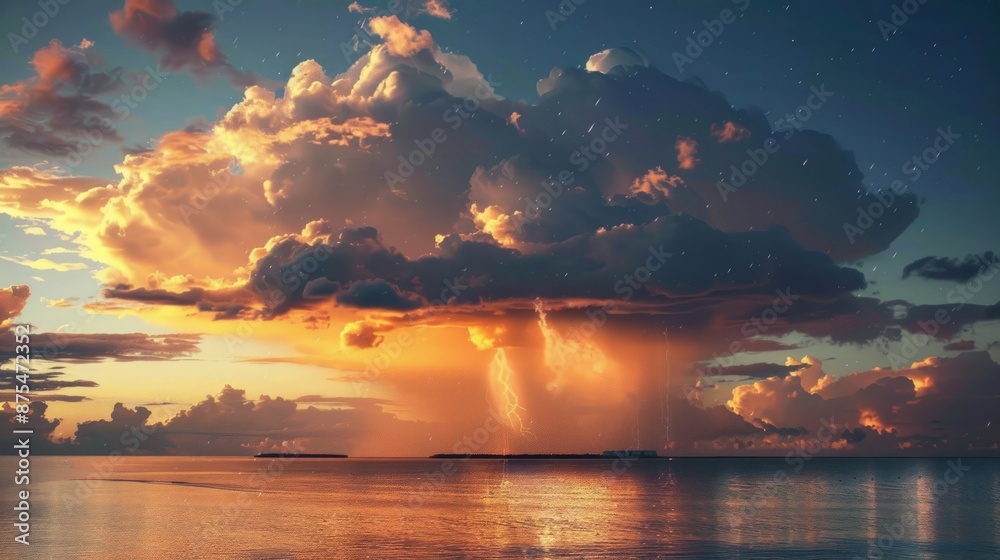 A large cloud is in the sky over a body of water. Generate AI image A large cloud is in the sky over a body of water. Generate AI image