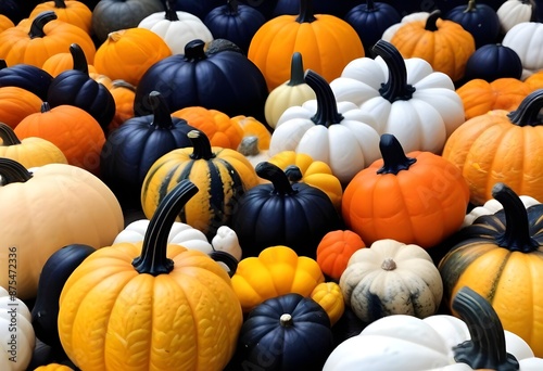 Assortment of colorful pumpkins and gourds, including black, orange, and white varieties, arranged in a display photo