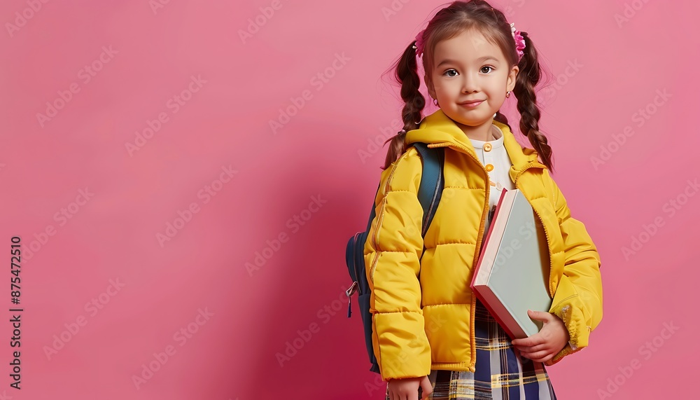 Little girl in school uniform, backpack and books on pink backdrop, yellow jacket, pastel colors, studio shot, cheerful. Little girl in school uniform, backpack and books on pink backdrop, yellow jacket, pastel colors, studio shot, cheerful.