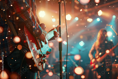 Guitarist plays guitar. Musical band performance on stage. Close-up of guitar