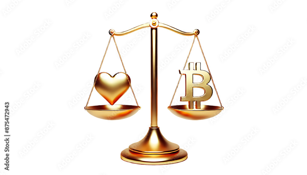 Gold balance scale with heart and bitcoin symbol Gold balance scale with heart and bitcoin symbol