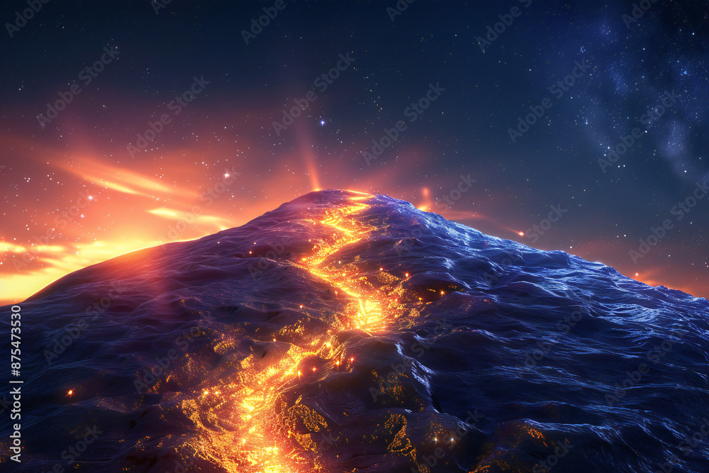 Naklejka premium Mountain with glowing lava at night, capturing nature's fiery beauty