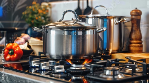 A stainless steel cooking pot is on a gas stove top, with the flame burning underneath. The kitchen setting is modern, with vegetables and another pot visible in the background. photo