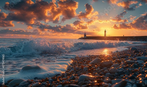 A spectacular sunrise seen from some rocks on the beach with a lighthouse in the background and with some rocks in front of the sea with waves crashing against them on the beach