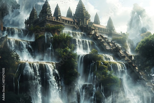 A series of waterfalls that flow upwards towards a floating temple