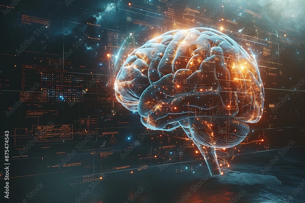 A digital brain with various mathematical and scientific symbols orbiting around it, portraying AI's vast knowledge base, with copy space A digital brain with various mathematical and scientific symbols orbiting around it, portraying AI's vast knowledge base, with copy space