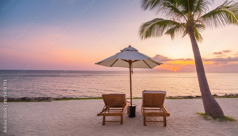 Beautiful tropical sunset scenery, two sun beds, loungers, umbrella under palm tree. White sand, sea view with horizon, colorful twilight sky, calmness and relaxation. Inspirational beach resort hotel Beautiful tropical sunset scenery, two sun beds, loungers, umbrella under palm tree. White sand, sea view with horizon, colorful twilight sky, calmness and relaxation. Inspirational beach resort hotel