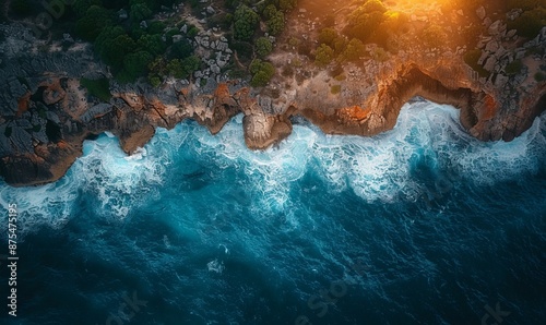 Aerial view of waves crashing against eroded cliffs along a rugged coastline at sunrise