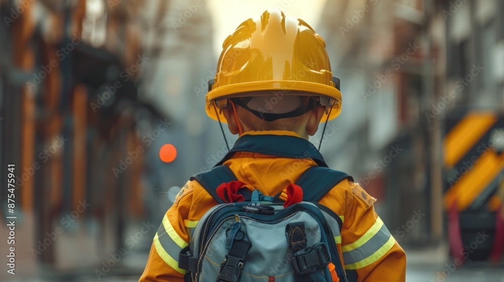 A young boy wearing a yellow helmet and a yellow jacket is walking down a street. Generate AI image