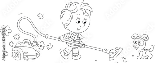 Funny little boy vacuuming his room with a vacuum cleaner, black and white vector cartoon illustration for a coloring book