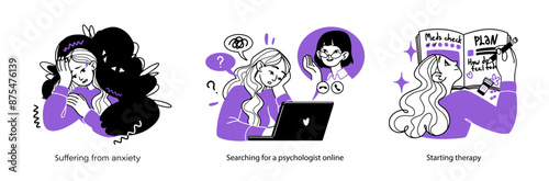 A set of illustrations of the concept of suffering from anxiety, searching a psychotherapist online and starting therapy. Mental health care.