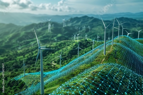 A conceptual image showcasing the integration of green energy solutions and sustainable power engineering, with symbols like wind turbines, solar panels, and eco-friendly technology photo