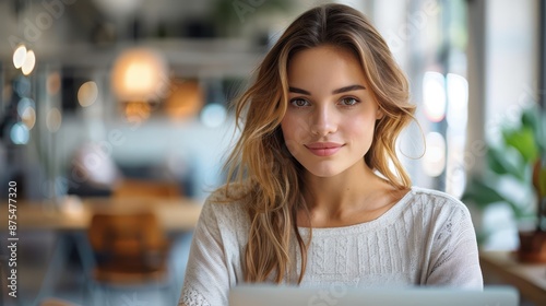 A young woman with a relaxed and friendly smile sits with her laptop in a casual, inviting setting, reflecting productivity and comfort in a modern work environment.