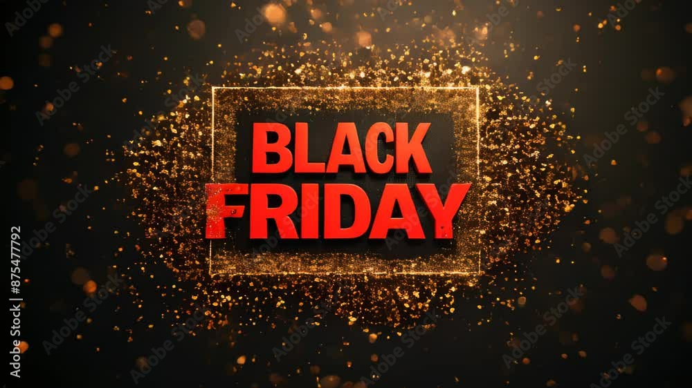 Animation red BLACK FRIDAY text words on black festive golden background, November is promotion time in stores and online.