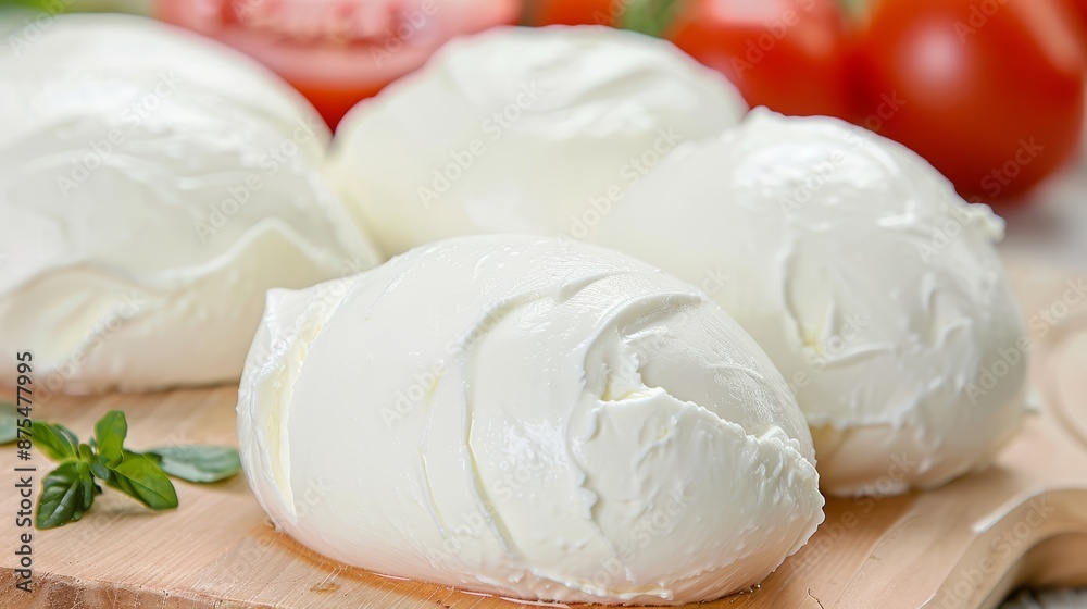 Close-up of handmade mozzarella cheese, fresh and moist, cinematic focus on the intricate textures and vibrant white color, focus cover all object, deep dept of field Close-up of handmade mozzarella cheese, fresh and moist, cinematic focus on the intricate textures and vibrant white color, focus cover all object, deep dept of field