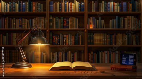 open books on table with lamp in the library