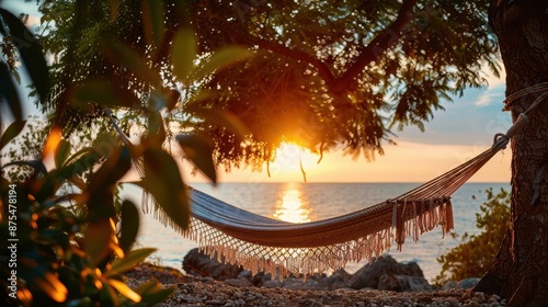 A tranquil scene featuring a hammock hanging between two trees, with the sun setting over the ocean in the background, creating a peaceful, serene atmosphere. photo