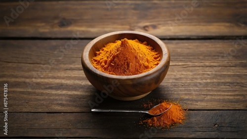 top view of saffron powdered in a small wooden plate i background