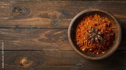top view of ras el hanout in a small wooden plate isol background