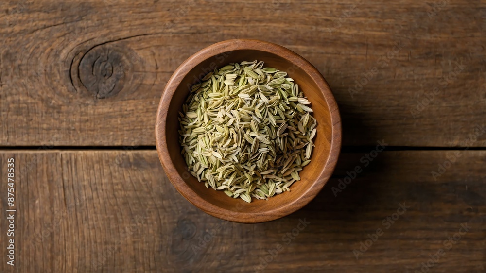 top view of fennel seed ground in a small wooden plate background top view of fennel seed ground in a small wooden plate background