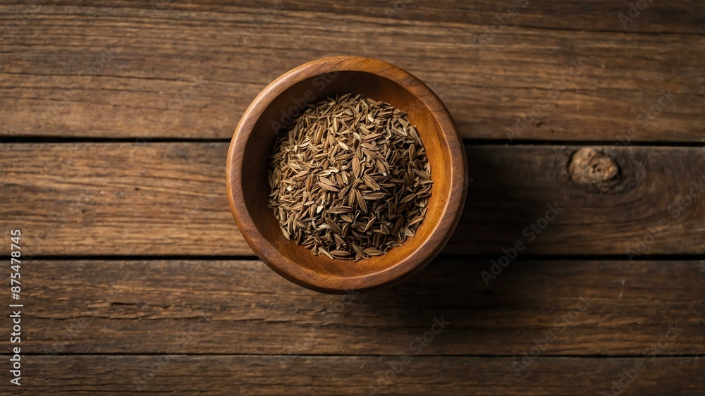 top view of caraway seed ground in a small wooden plat background