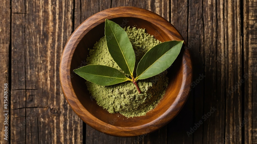 top view of bay leaf powdered in a small wooden plate background top view of bay leaf powdered in a small wooden plate background