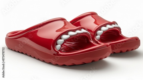 Red tongue-shaped slippers with white teeth and rubber lips: unique design.
 photo