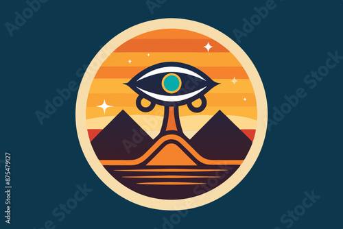 Circle artwork with t-shirt design, mysterious philosophical emblem of eye of horus with white background desert behind it 