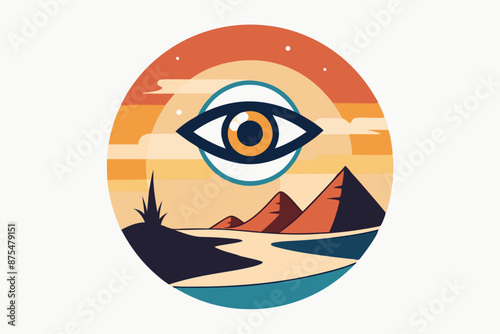 Circle artwork with t-shirt design, mysterious philosophical emblem of eye of horus with white background desert behind it 