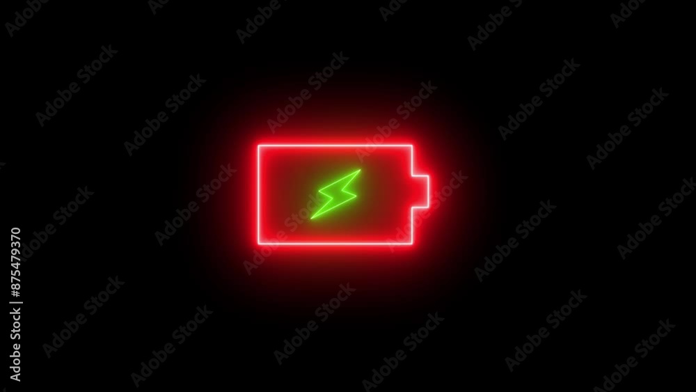 Icon animated video. Lightning blinking bolt symbol Neon glowing battery charging icon. neon battery icon red and green color Battery Status Sign with black background. Icon animated video. Lightning blinking bolt symbol Neon glowing battery charging icon. neon battery icon red and green color Battery Status Sign with black background.