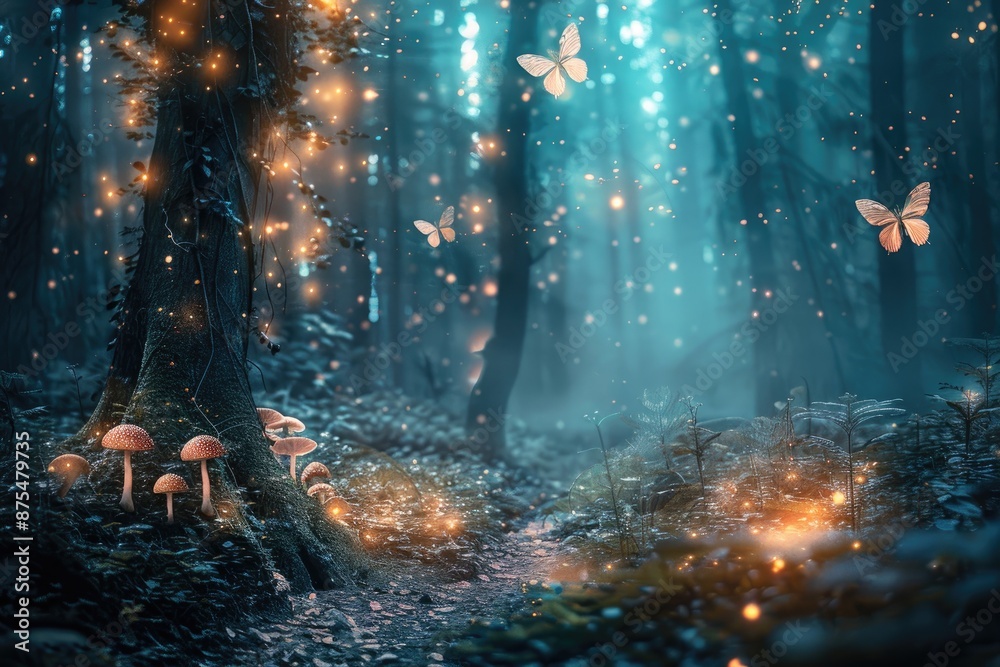 An enchanted forest with glowing mushrooms and ghostly fairies, leaving a magical clearing for text An enchanted forest with glowing mushrooms and ghostly fairies, leaving a magical clearing for text