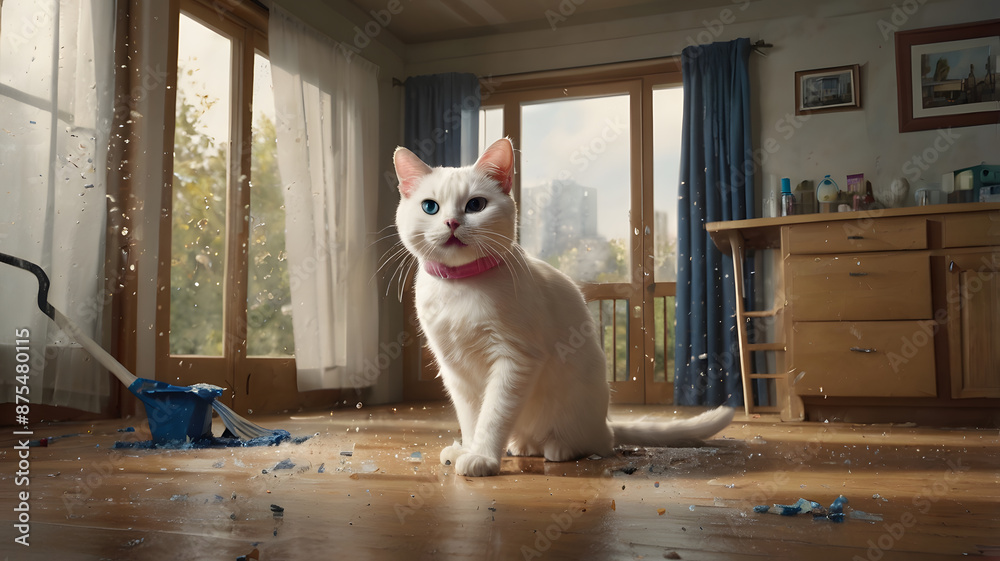 Fototapeta premium An anthropomorphic white cat dressed in a pink sweater and blue jeans is energetically mopping a wooden floor from soda. Suddenly, the cat loses its balance and slips
