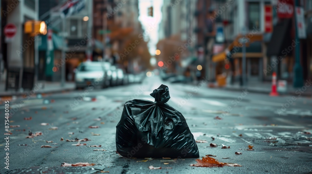 Obraz premium A bag of garbage abandoned in the middle of an empty city street creating a desolate and silent scene. Plastic garbage bag left on the street.