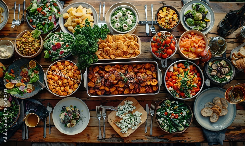 Overhead view of various fresh homemade food on table at home during potluck Overhead view of various fresh homemade food on table at home during potluck